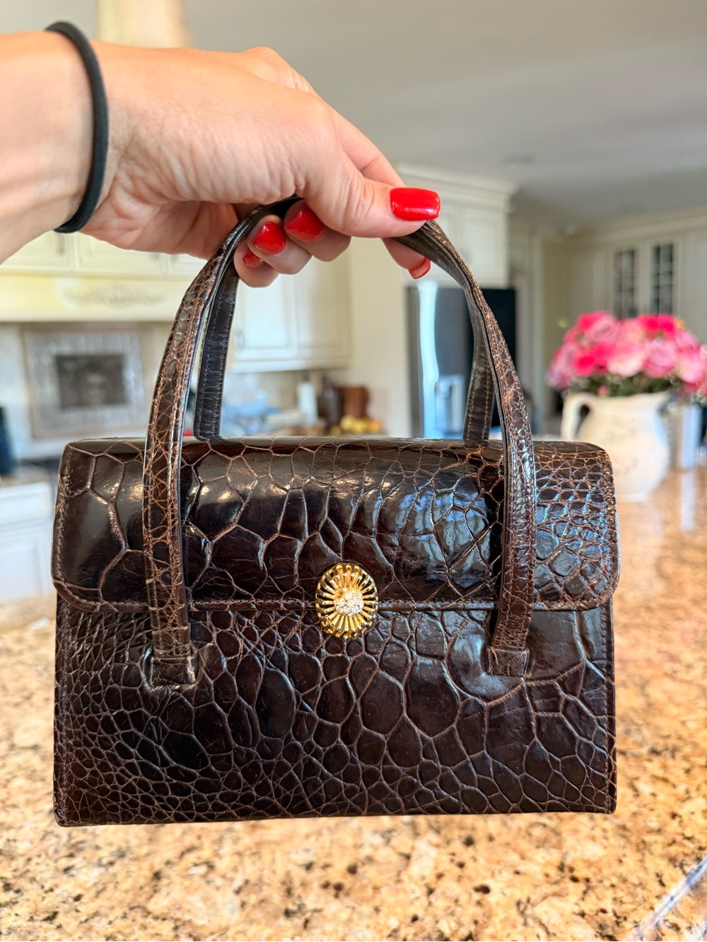 Saks Fifth Ave -Classic Pre-Banned Turtle Top-Handle Bag in Dark Brown